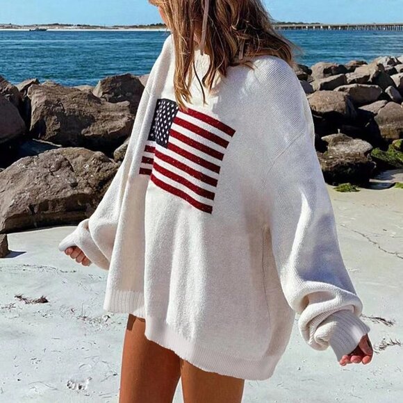Casual Womens Flag Design Drop Shoulder Sweater - Picture 1 of 5